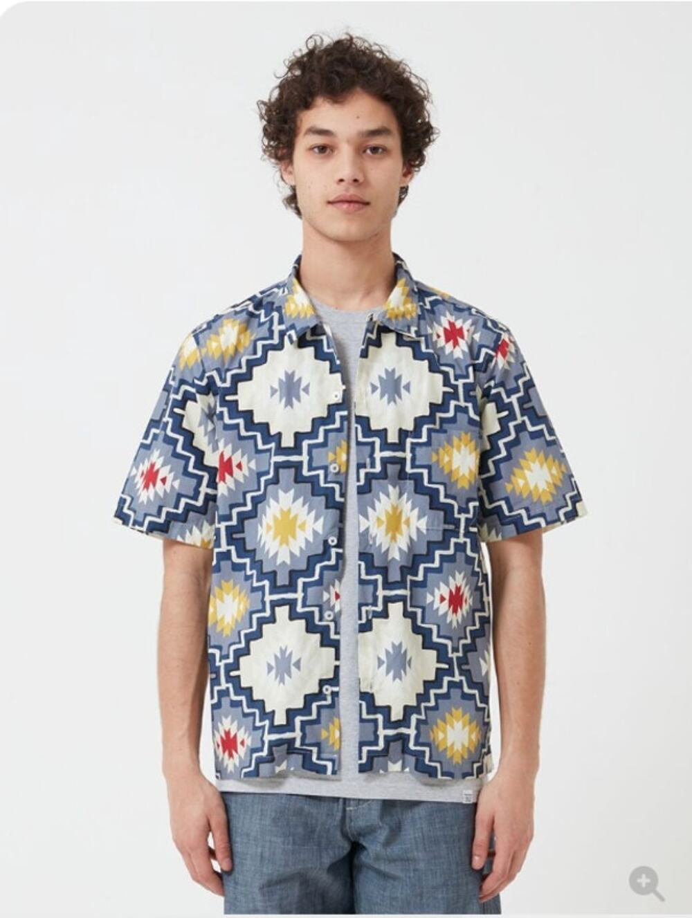 Universal Works Road Shirt Santa Fe Poplin Geo Print Camp Collar Mens M